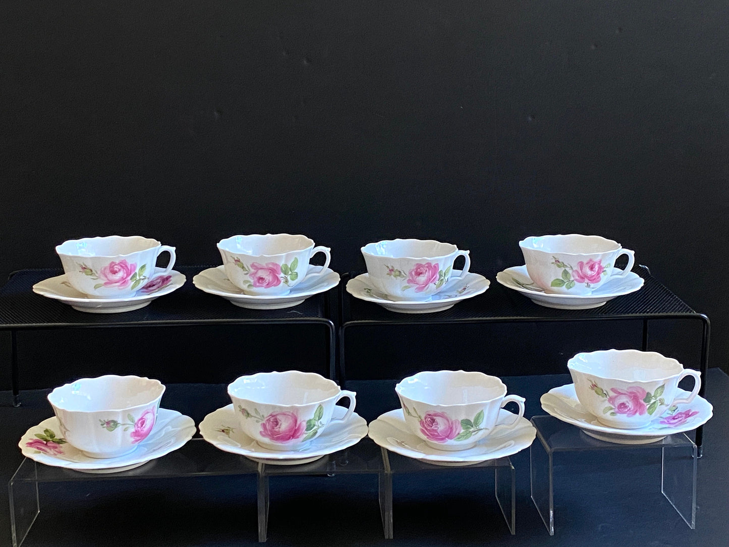 Vintage MEISSEN "Roses" tableware, teacup & saucer set of 8, 9 3/8 inches plates and 6 inches plates, 27 pcs,made in Germany, ca. 1852-1870