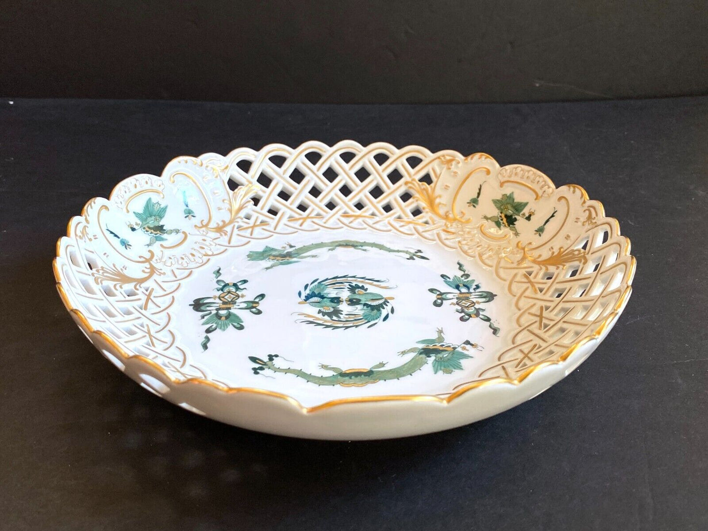 Meissen Reicher Court green dragon &birds pierced center bowl,gold accents, 1st