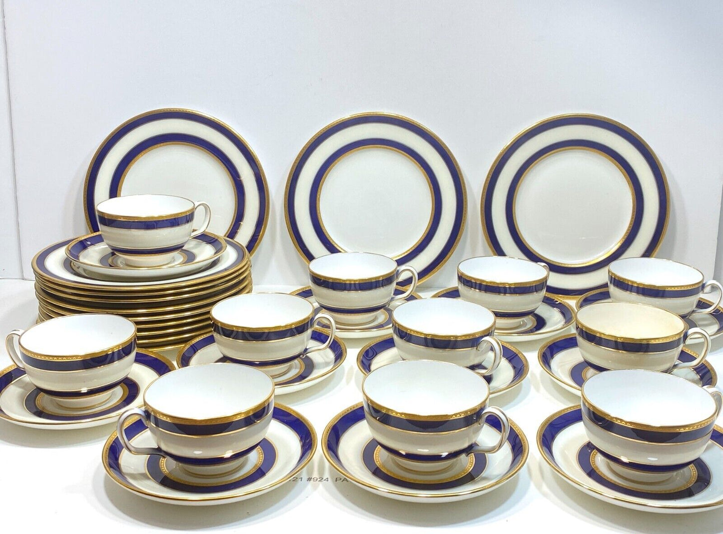 Set of 12 Tiffany & Co Mintons dessert set, blue band and gold accent, ca.1900s