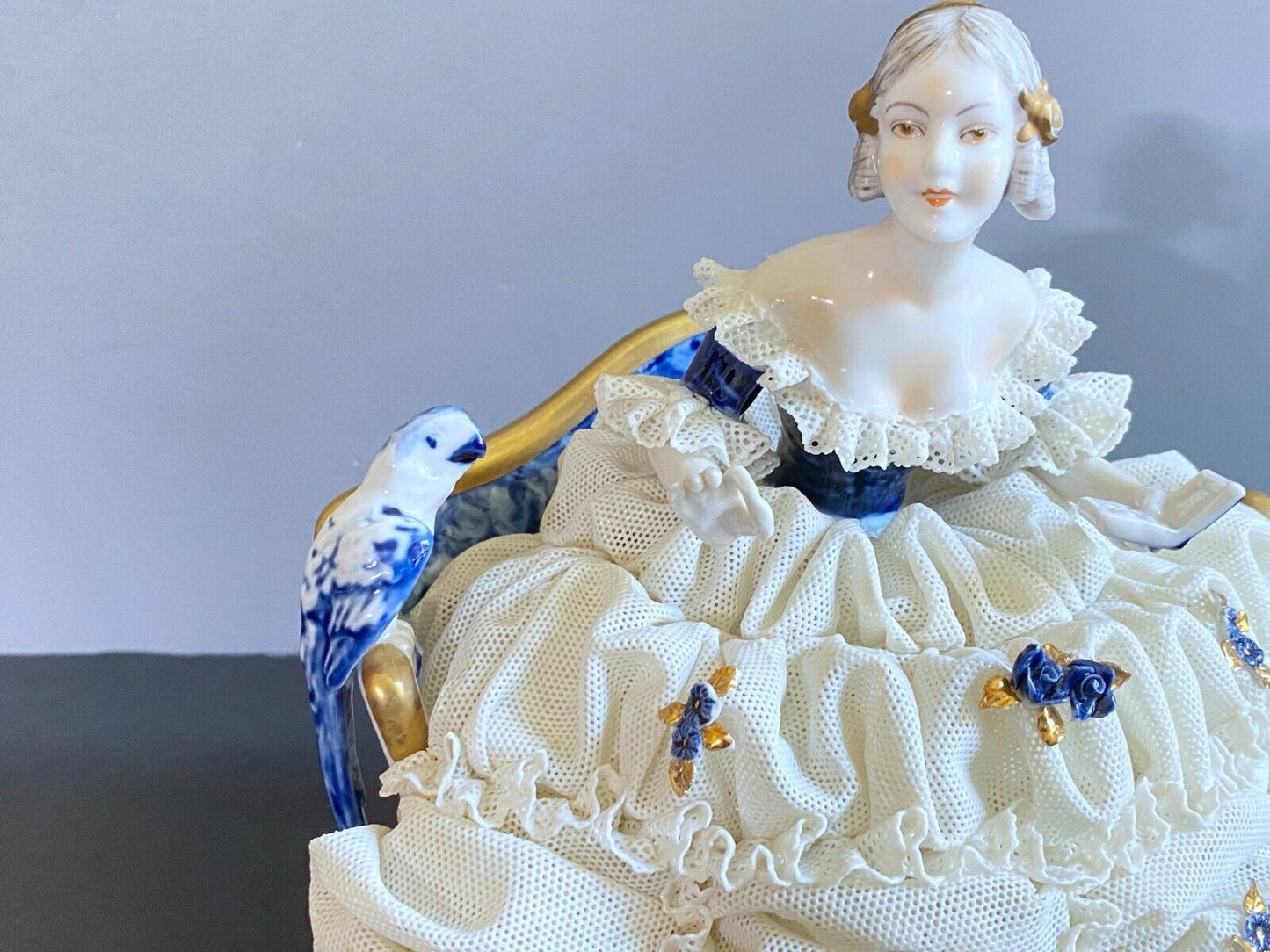 Germany Unterweissbach Porcelain Figural lady in ball gown with lace skirt, FAB