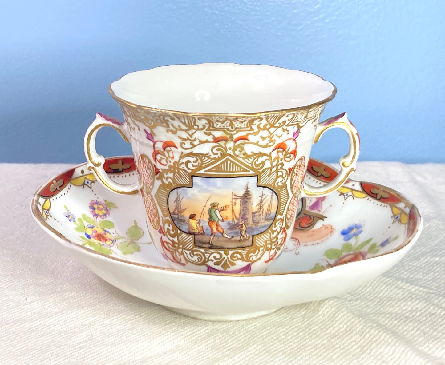 Rare! Meissen Augustus Rex "AR" mark for Helena Wolfsohn Nautical cup and Carl Thieme Quatrefoil saucer, ca.1800s, gold accent