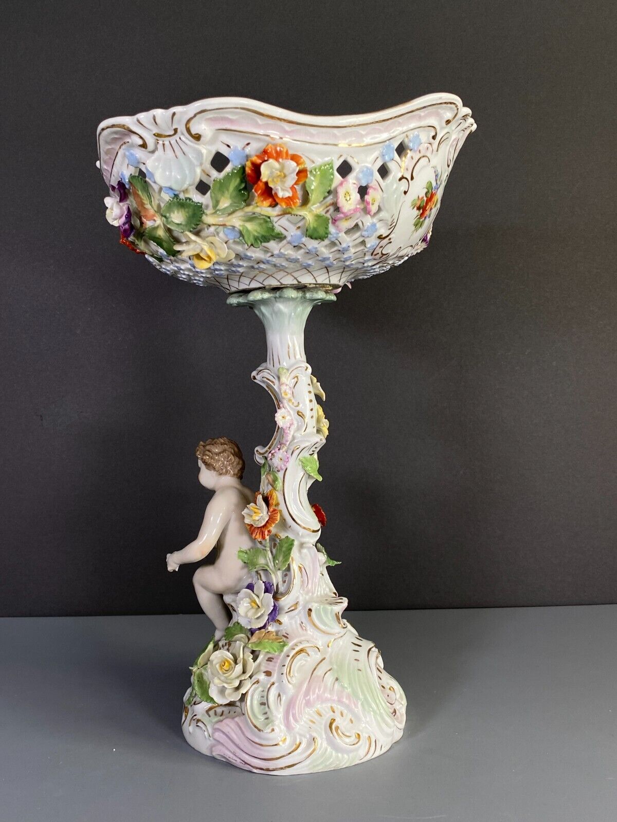 Carl Thieme Potschappel Dresden porcelain floral encrusted Figural centerpiece