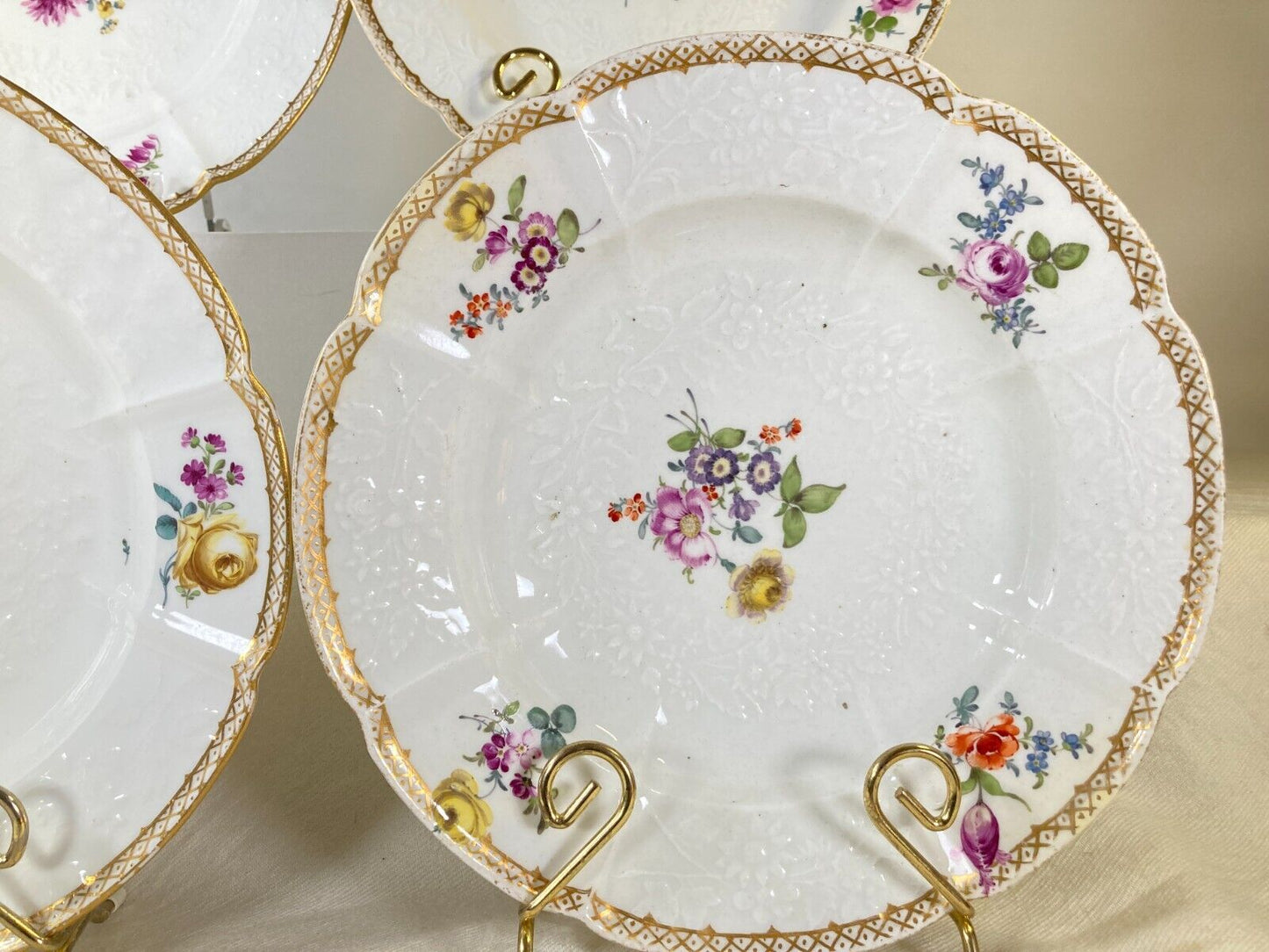 Set of 4 x antique Meissen (1774-1815 ) rimmed bowls, flowers paintings, 1st.