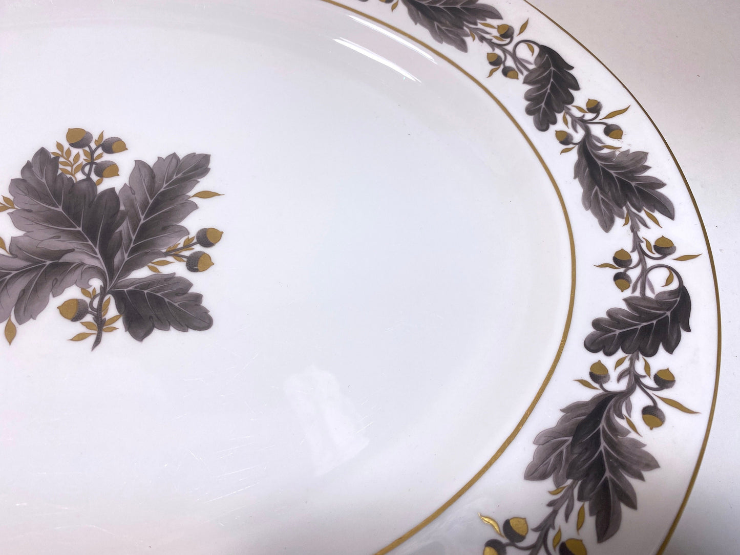 Royal Crown Derby "Portman Oak" pattern round platter, bone china, gold accent, made in England, ca.1940