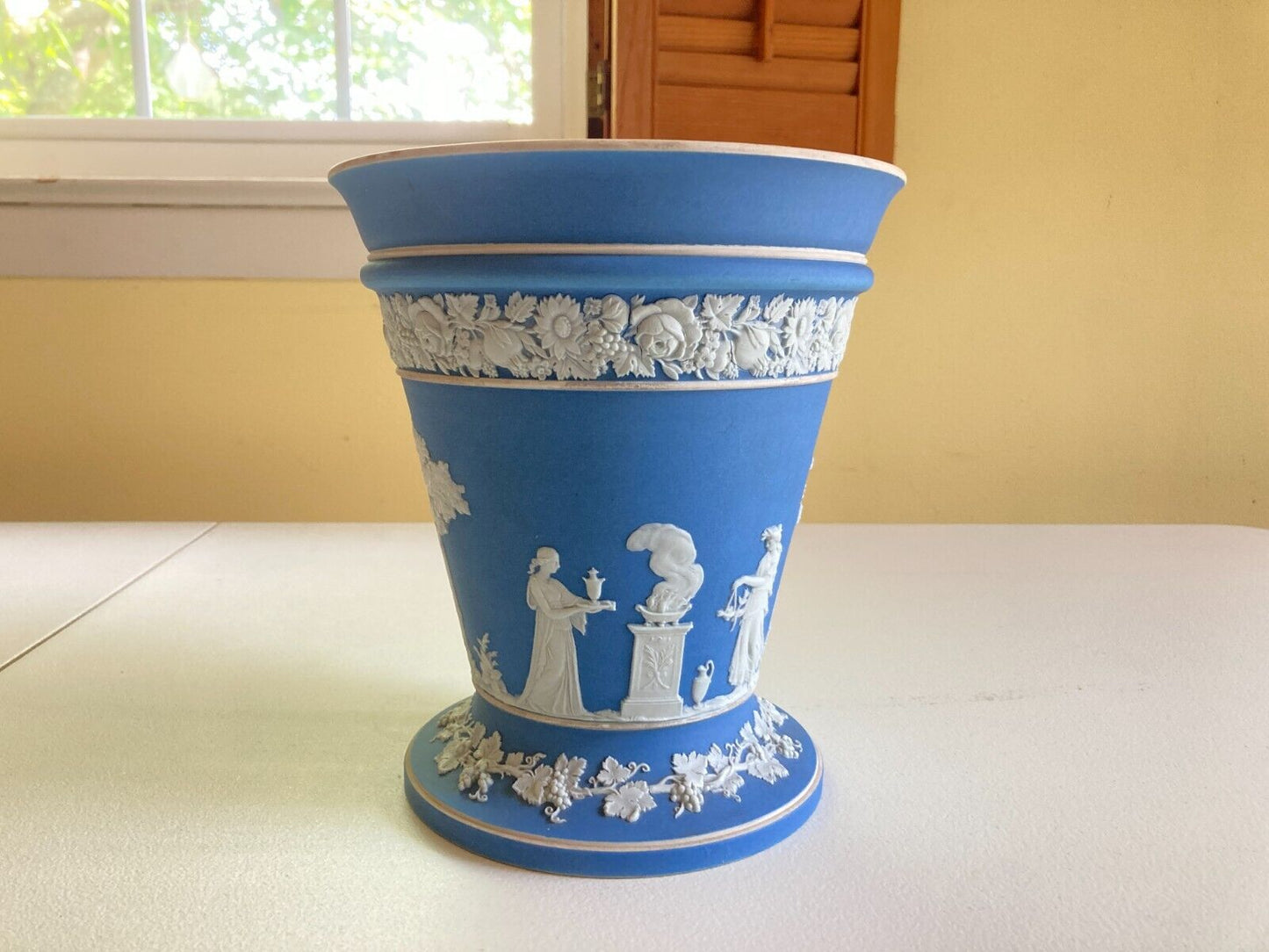 extra large Wedgwood blue Jasperware neoclassical figures vase,8 1/4'' x 7 1/4''