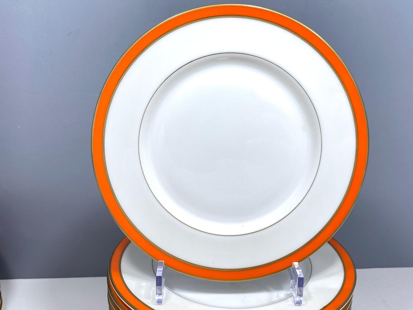 Stunning TIFFANY & CO. "Newport Orange" dinnerware for 12, gold rim, 51 pieces, Mint condition!