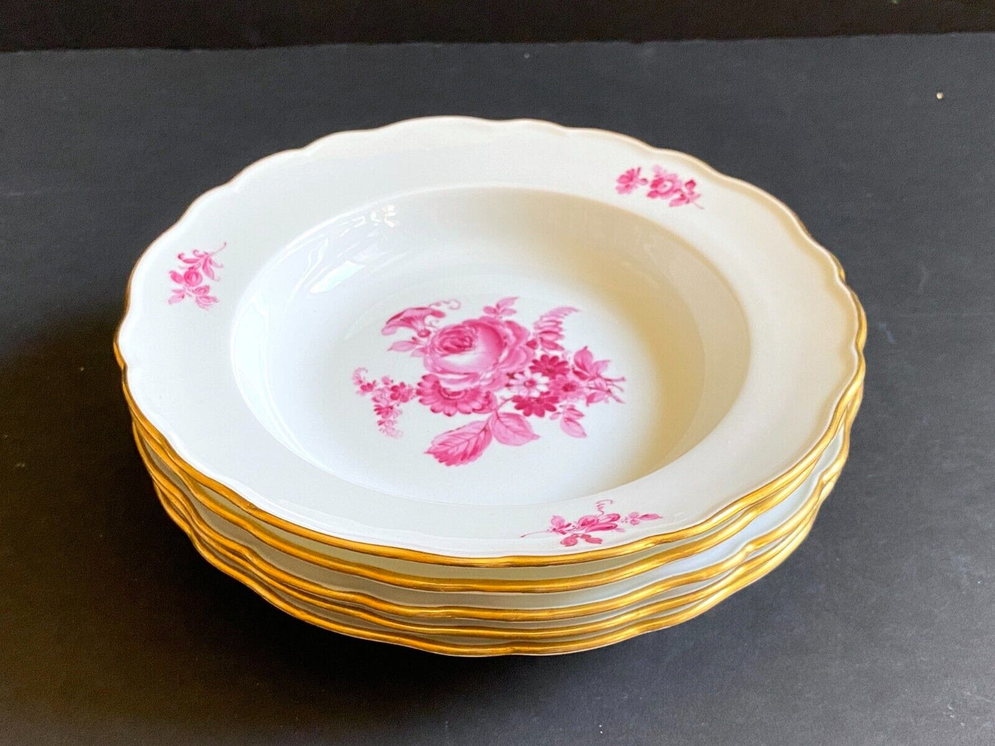 Set of 5 MEISSEN "flower boutique " Purple rimmed soup bowls, gold rim, , 1st