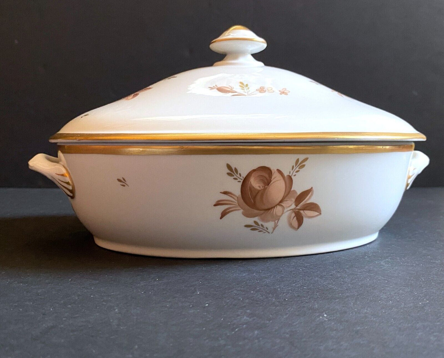 Royal Copenhagen Brown Rose lidded soup tureen with under tray, gold trim