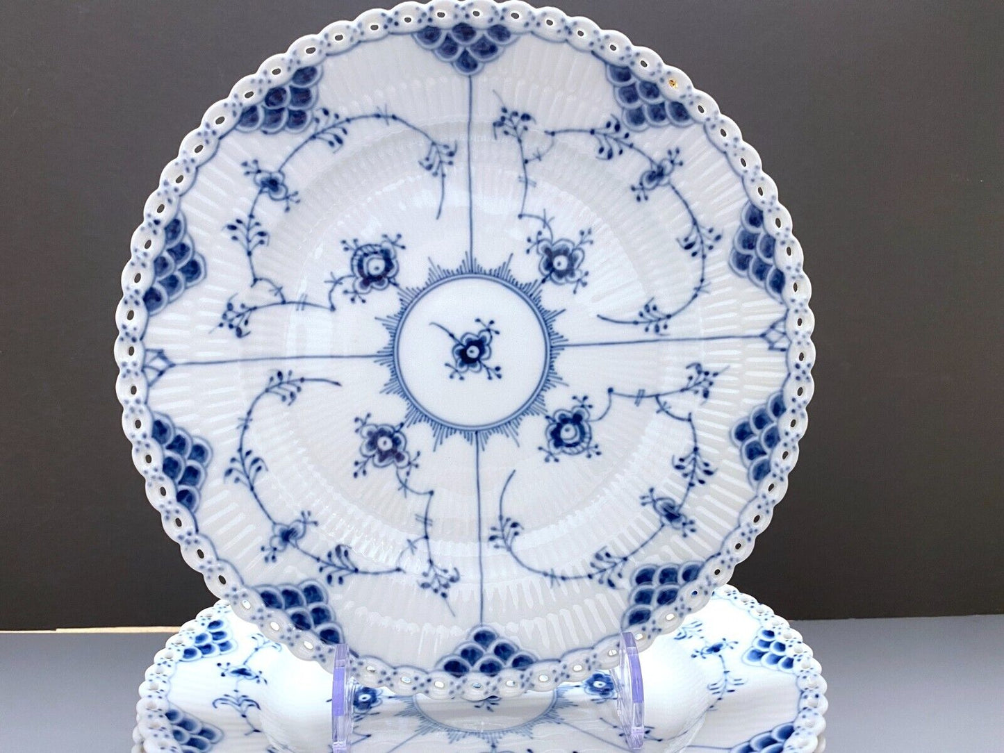 Set of 6 ROYAL COPENHAGEN Blue Fluted "Full Lace" luncheon plates, 9 inches, EXE