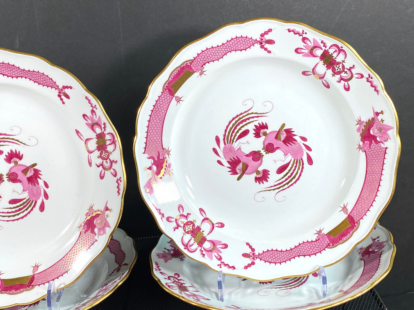 set of 6 Meissen Rich Court dragon (purple) & Phoenix birds dinner plates , gold, 1st quality, excellent!