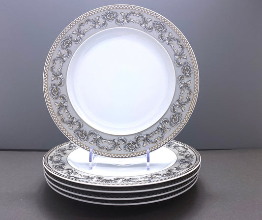 5 x Versace "Marqueterie" dinner plates, 10.5'' D, made in Germany by Rosenthal , black and white pattern with gold accents ,superb!