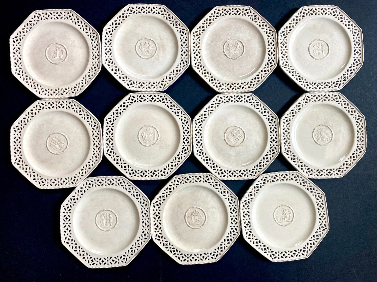 Set 11 Wedgwood Creamware Pottery pierced Hexagonal Plates, Neoclassical, 1800s