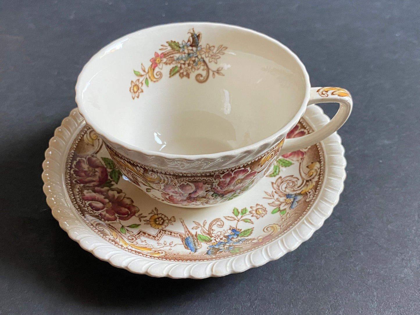 JOHNSON BROTHERS England Ironstone Devonshire pattern teacup and saucer set of 6, brown multicolor, 12pcs, ca. 1940s excellent condition