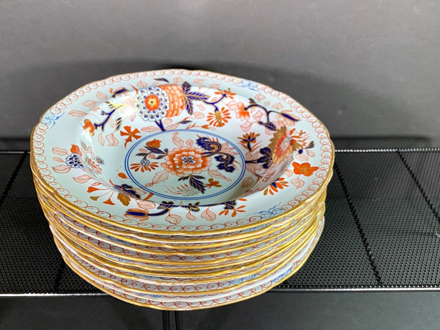 Ca. 1880 Copeland Imari style rimmed soup bowls, set of 11, gold encrusted.rare